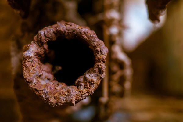 Close-up of a heavily corroded metal pipe showing rust buildup caused by poor water quality in an HVAC system.